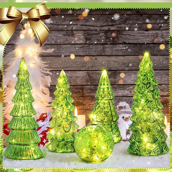 Syhood 6 Pcs Lime Green Mercury Glass Christmas Tree for Tabletop Light up Figurine Christmas Tree Mercury Cracked Glass Globe with Light for Xmas Decor Home Party Centerpiece Mantel Gift