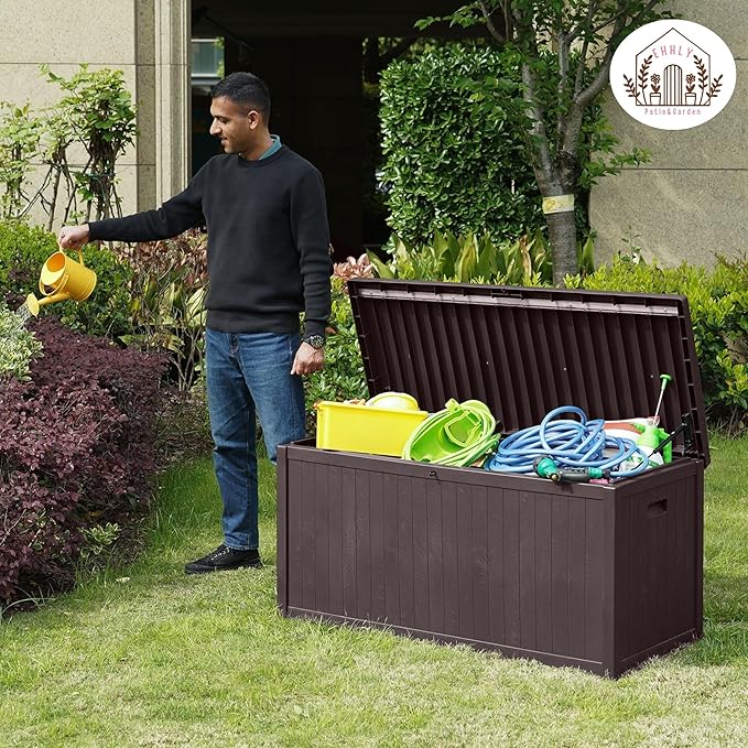 120 Gallon Outdoor Storage Box Large, Lockable Outside Containers Waterproof Patio Cushions Storage Deck Boxes, Plastic Garden Hose Boxes Resin Pool Storage Bins, Brown