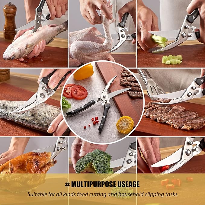 KUNIFU Poultry Shears, All Purpose Heavy Duty Kitchen Scissors For Food Turkey Meat Chicken Herbs, Cooking Scissors Utensils, Kitchen Gadgets Black