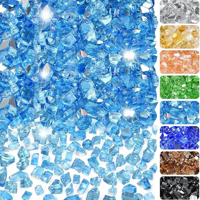 10 Pounds Fire Glass 1/4 Inch High Reflective Tempered Firepit Glass Rocks for Fireplace, Fire Pit Table, Fire Bowl and Landscaping (Pacific Blue)