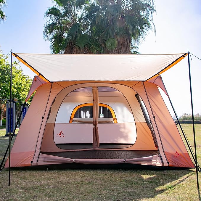KTT Extra Large Tent 6-10-12-14 Person(A),Family Cabin Tents,2 Rooms,3 Doors and 3 Windows with Mesh,Straight Wall,Waterproof,Double Layer,Big Tent for Outdoor,Picnic,Camping,Family Gathering