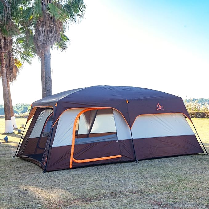 KTT Extra Large Tent 6-10-12-14 Person(A),Family Cabin Tents,2 Rooms,3 Doors and 3 Windows with Mesh,Straight Wall,Waterproof,Double Layer,Big Tent for Outdoor,Picnic,Camping,Family Gathering