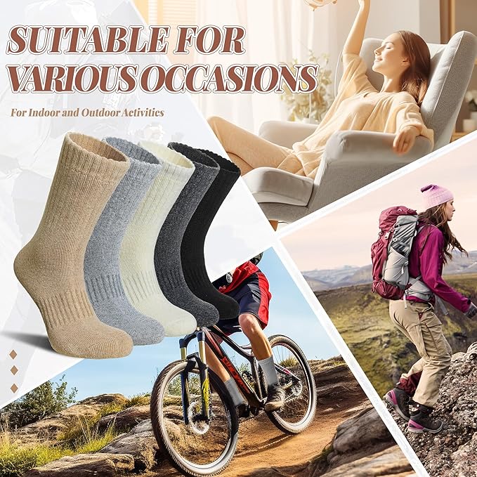 Merino Wool Socks For Women Hiking Winter Boot Thermal Warm Thick Cozy Work Crew Socks 5 Pairs