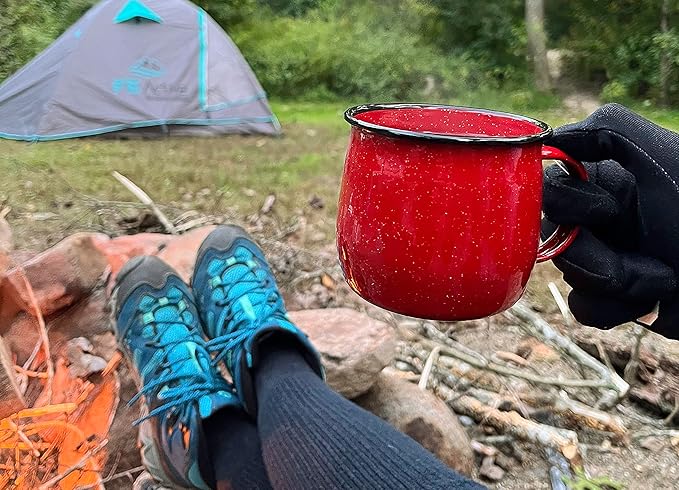 Red Co. Set of 4 Enamelware Metal 12 Oz Round Camping Coffee Mugs with Handle, White-Speckled Red/Black Rim