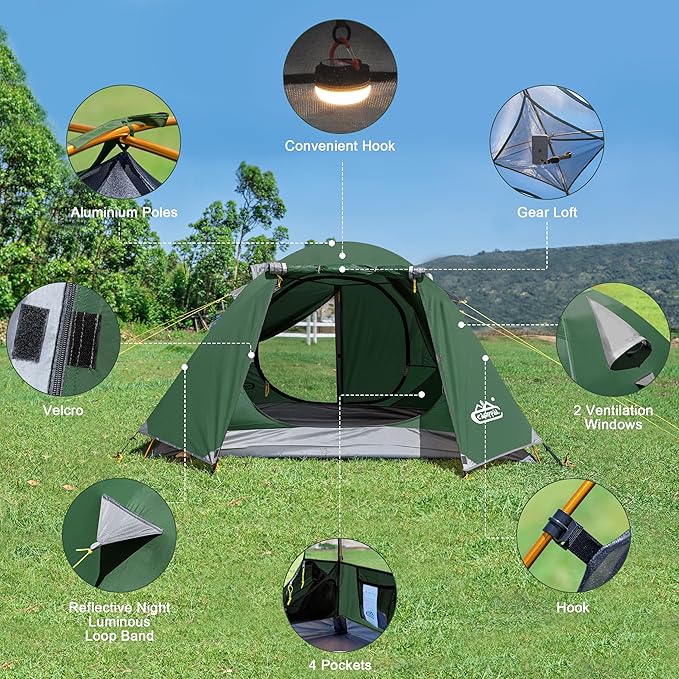 2-3 Person Backpacking Tent with Double Door 2 Vestibule, Waterproof Windproof Lightweight Easy Set Up 3 Season 2 Man Two Person Tent for Camping, Hiking, Motorcycle, Mountaineering with UPF 50+