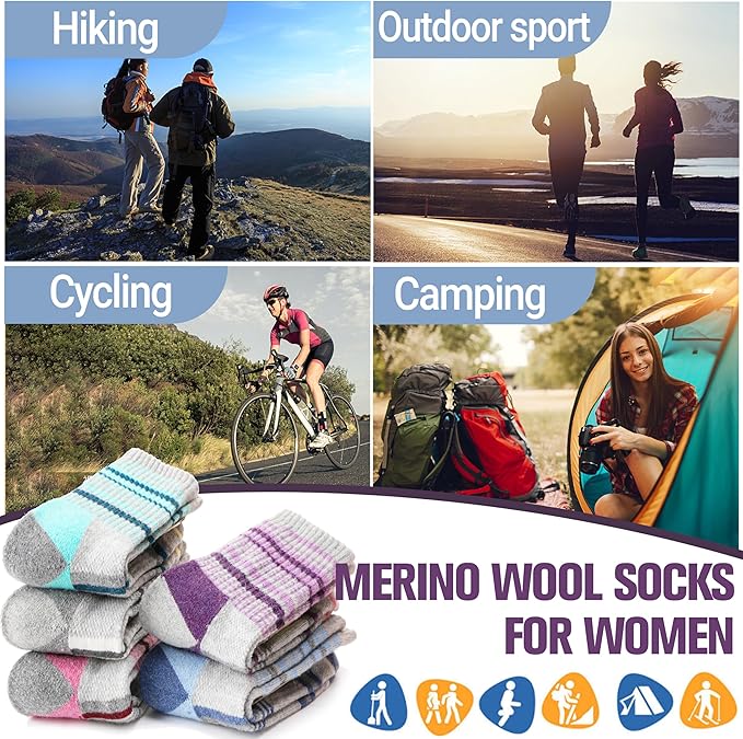 Anlisim Merino Wool Hiking Socks for Women Thermal Winter Warm Boot Work Cushion Socks 5 Pairs