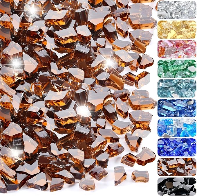 10 Pounds Fire Glass 1/2 Inch High Reflective Tempered Firepit Glass Rocks for Fireplace, Fire Pit Table, Fire Bowl and Landscaping (Amber)