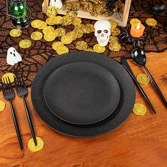 WONDERFUL 32pcs Black Plates Black Plastic Plates Halloween Plates Unbreakable and Reusable Plastic Plate Dishwasher safe Dishes Set Includes:16 Dinner 10" & 16 Dessert Plate 7.3" Suitable for Camping