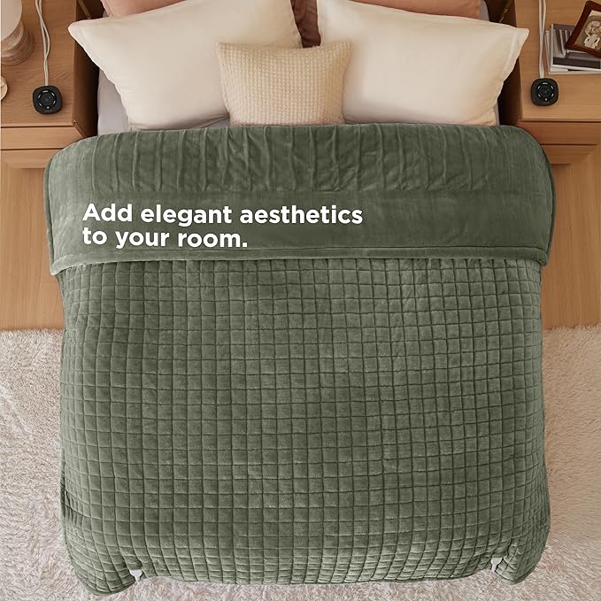 Bedsure Electric Blanket Queen Size - Dual Control Heated Weighted Blanket Queen with 10 Heat Settings, Fast Heating with 10 Time Settings (84x90 inches, Olive Green)