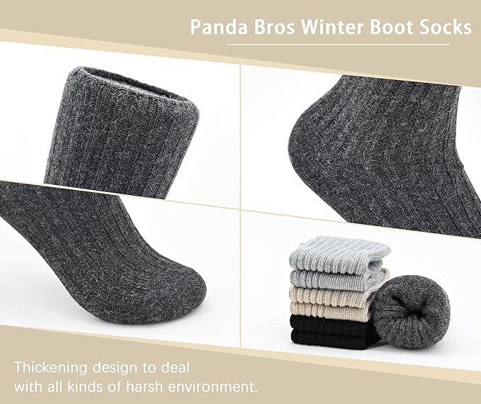 Panda Bros Wool Hiking Socks for Men & Women, Warm Winter Thick Thermal Crew Socks, Cozy Soft Boot Work Socks, 4 Pack