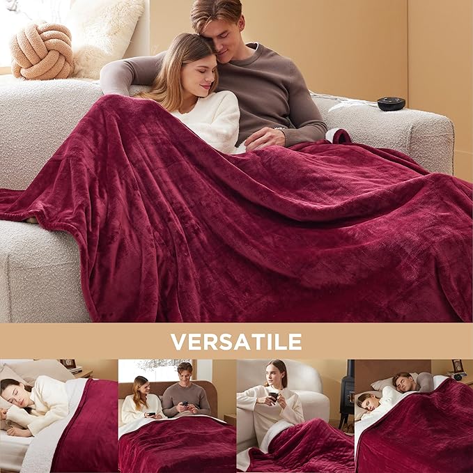 Bedsure Electric Blanket Queen Size - Dual Control Heated Blanket Queen, Fast Heating with 10 Time Settings & 10 Heat Settings, Warm Gift for Grandma (84x90 inches, Burgundy)