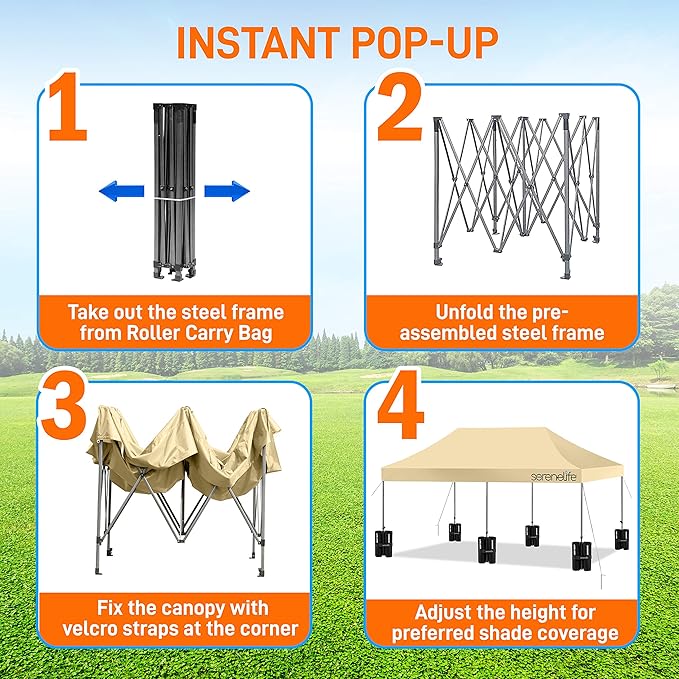 SereneLife Pop Up Canopy Tent 10x20 - Commercial Instant Shelter Foldable/Collapsible Sun Shade Canopy Pop Up Tent w/Waterproof Tent Top, Portable Carry Bag & Sand Bag - SereneLife SLGZ20K (Khaki)