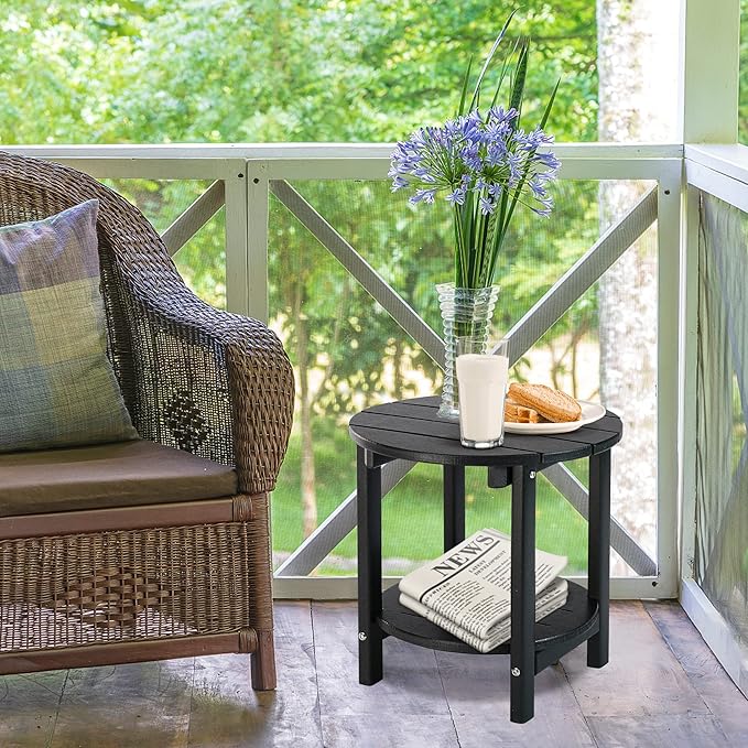 LZRS Round Adirondack Side Table Double End Table, Outdoor Side Tables for Patio, Backyard,Pool, Indoor Companion, Easy Maintenance & Weather Resistant(Black)