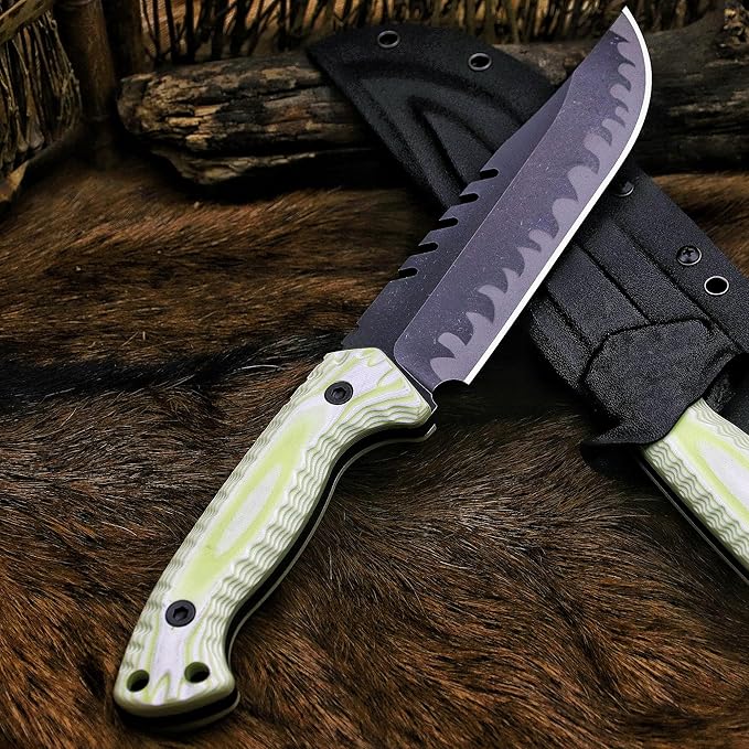 BA-KOR 12.4in Full Tang Fixed Blade Hunting Knife โ 6mm 9CR18MoV Steel, G10 Handle, Stonewashed Sawback Blade with Kydex Sheath & Fire Starter for Outdoor, Camping, Survival (White with light green stripes)