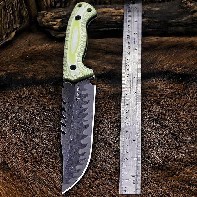 BA-KOR 12.4in Full Tang Fixed Blade Hunting Knife โ 6mm 9CR18MoV Steel, G10 Handle, Stonewashed Sawback Blade with Kydex Sheath & Fire Starter for Outdoor, Camping, Survival (White with light green stripes)