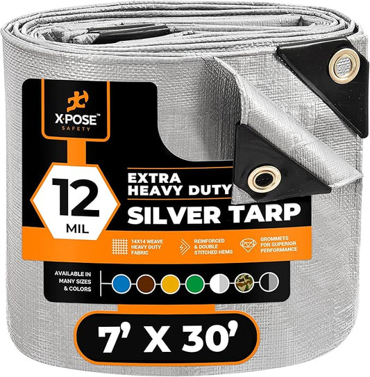 Heavy Duty Silver Poly Tarp 7' X 30' - Multipurpose Protective Cover - Durable, Waterproof, Weather Proof, Rip and Tear Resistant - Extra Thick 12 Mil Polyethylene - by Xpose Safety