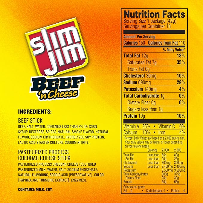 Slim Jim Beef 'N Cheese Smoked Meat Sticks, Mild Flavor, 8g Protein Per Serving, 1.5 oz. (18 Count)