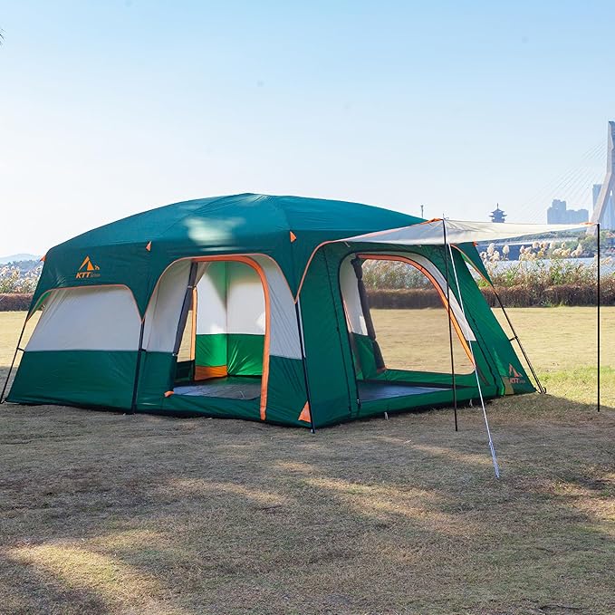 KTT Extra Large Tent 6-10-12-14 Person(A),Family Cabin Tents,2 Rooms,3 Doors and 3 Windows with Mesh,Straight Wall,Waterproof,Double Layer,Big Tent for Outdoor,Picnic,Camping,Family Gathering