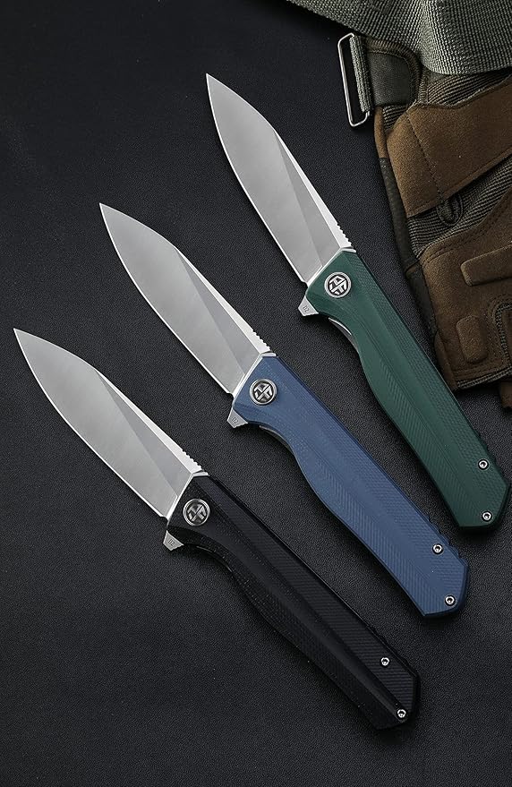 Petrified fish G10 handle D2 steel blade 2CR13 liner ball bearing flipper folding knife camping hunting EDC pocket tool PF818 (Green, Satin)
