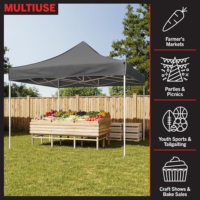Pop Up Canopy - 10x10 ft Canopy Tent - UPF30 Beach Tent Sun Shelter - Adjustable Height EZ Up Canopy with Bag - Tents for Parties by Stalwart (Gray)