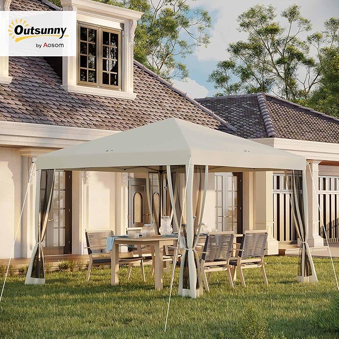 Outsunny 10' x 10' Pop Up Canopy Tent with Netting, Instant Gazebo, Screen House Room with Carry Bag, Height Adjustable, for Outdoor, Garden, Patio, Camping, Beige