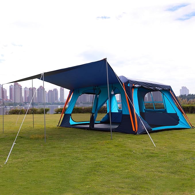 KTT Extra Large Tent 12 Person(A),Awning Family Cabin Tents,2 Rooms,3 Doors and 3 Windows with Mesh,Straight Wall,Waterproof,Double Layer,Big Tent for Outdoor,Picnic,Camping,Family Gathering。