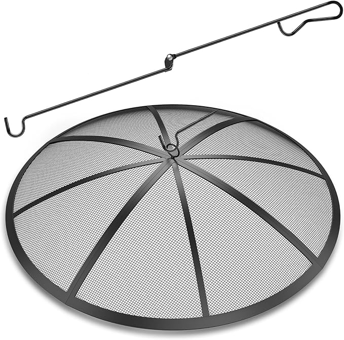 Fire Pit Spark Screen, 24Inch Fire Pit Lid Outdoor with Handle & Poker, Heavy-Duty Mesh Firepit Cove with 12 Reinforced Bars for Backyard/Beach/RV Camping