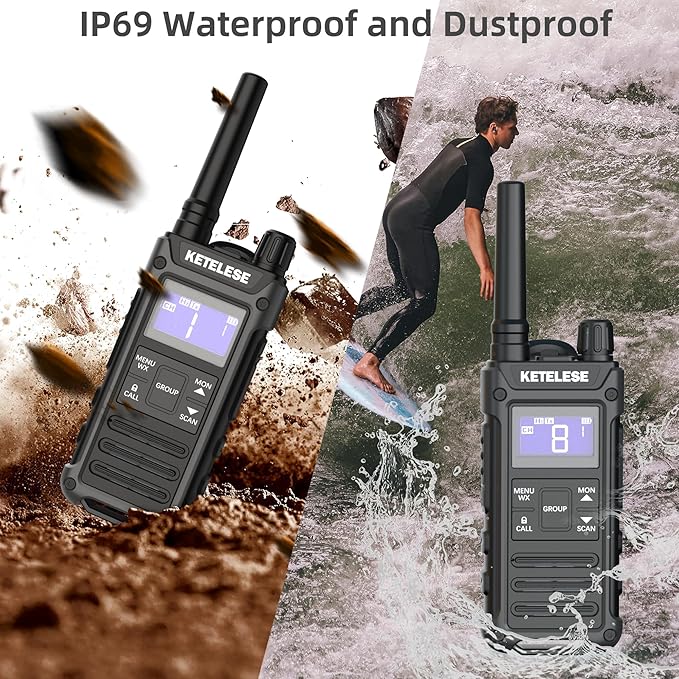 T3G IP67 Waterproof Walkie Talkies for Adults, Heavy Duty 2 Way Radios with Earpiece, Three Charging Options, GMRS Radio, USB, NOAA, VOX(2 Pack), Black/Grey