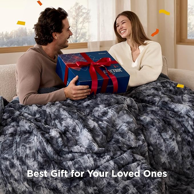 Bedsure Faux Fur Electric Blanket Queen Size, Dual Control Heated Blanket Queen, Fast Heating Blanket with 10 Heating Levels & 10 Time Settings, Cozy Gifts for Women Men (84x90 inches, Black)