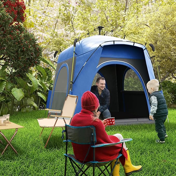 4 Person Pop Up Tent - Instant Setup Automatic Hydraulic Camping Tent for Family, 3-Season Waterproof Shelter with Windows & Carry Bag - Lightweight for Travel, Backpacking (Blue)