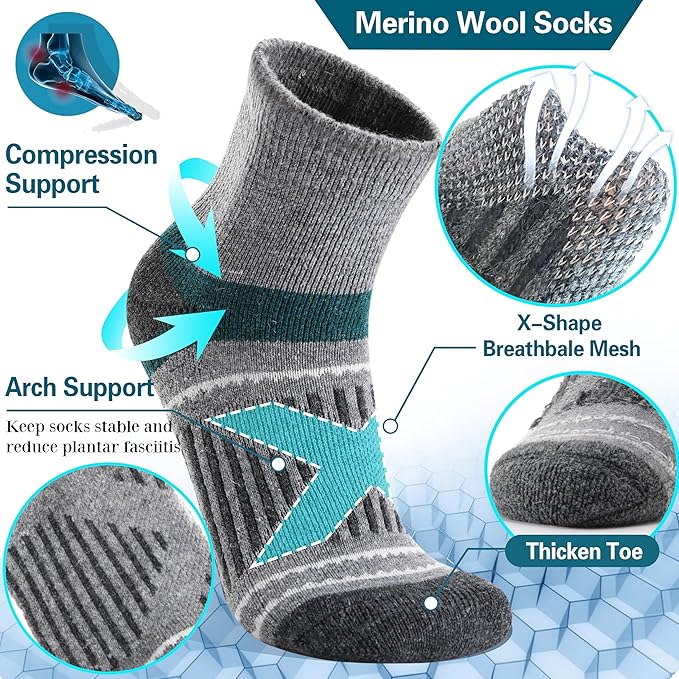 EBMORE 6 Pairs Merino Wool Ankle Hiking Running Socks Compression Support Thick Cushion No Show Socks for Men Women