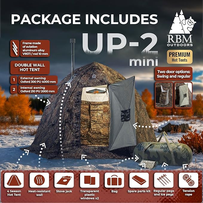 Rbm Outdoors Hot Tent with Stove Jack, Easy Setup 4 Season Winter Tents for Camping, Cold Weather Wall Double Layer Waterproof & Windproof Shelter