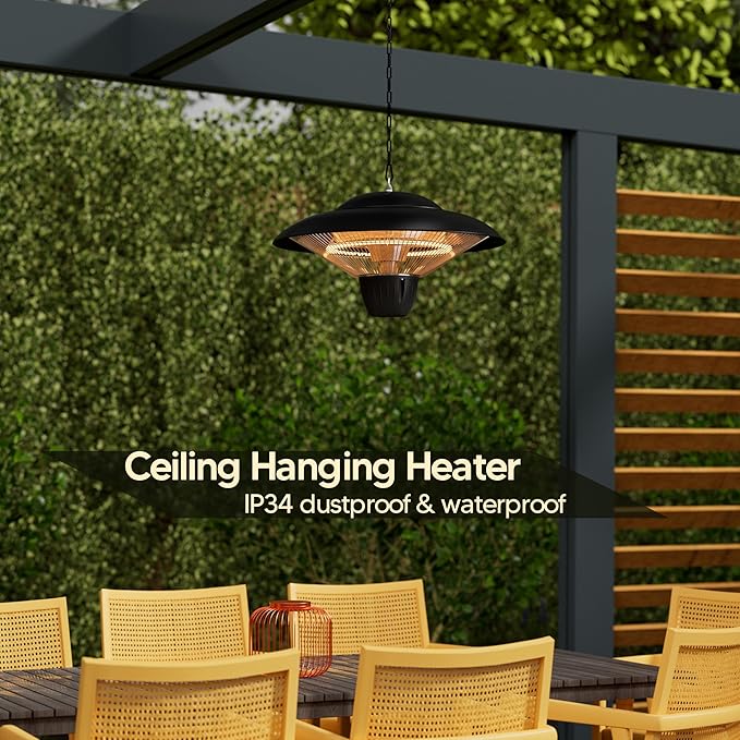 Patio Heater for Outdoor Use 1500W Electric Infrared Hanging Heater, Ceiling Mounted, Waterproof for Porch, Garage, Balcony, Overheat Protection Deep Black