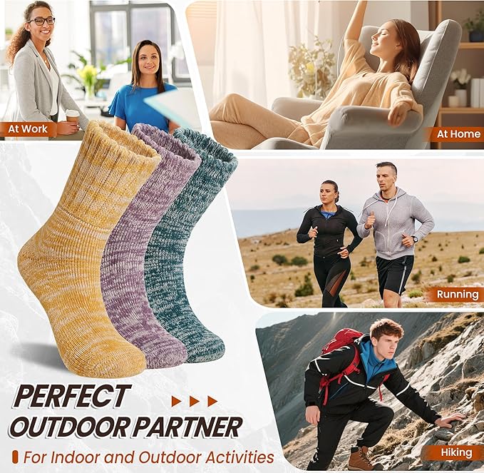 Eyean Merino Wool Socks Thermal Winter Ski Warm Thick Cozy Boot Hiking Socks for Women Men 3 Pairs