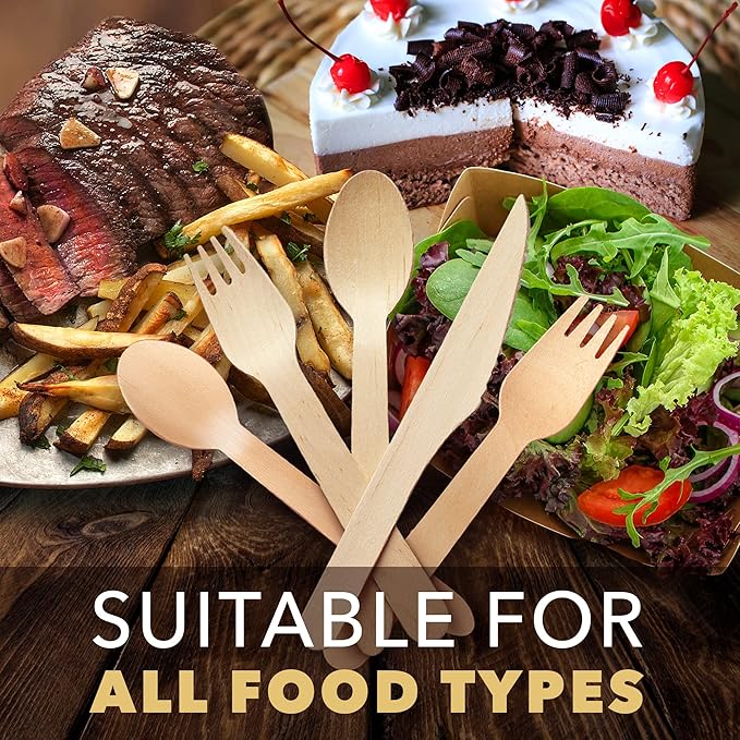Disposable Wooden Cutlery Set - 300 Count (100 Forks, 100 Knives, 100 Spoons) – Plastic-free Packaging - Biodegradable Silverware and Splinter-free Compostable Utensils for Parties