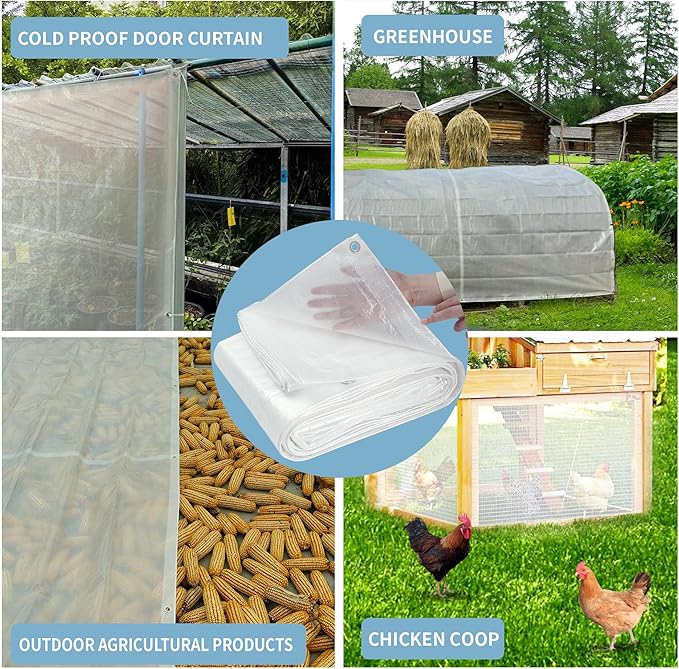 TARPAL 16'x16' Semi Clear White Tarp Waterproof Green House Cover with Grommets 7.5mil Clear Poly tarps for Gardening,Farm, Garden,Chicken Coops,Outdoor
