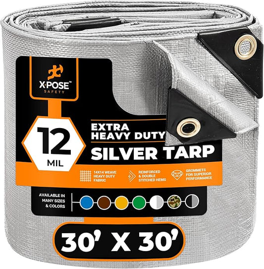 Heavy Duty Silver Poly Tarp 30' X 30' - Multipurpose Protective Cover - Durable, Waterproof, Weather Proof, Rip and Tear Resistant - Extra Thick 12 Mil Polyethylene - by Xpose Safety