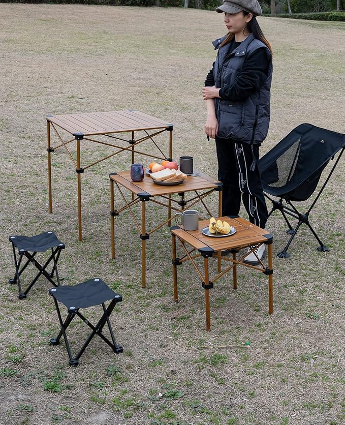 iClimb Lightweight Stable Alu. Folding Square Table Roll Up Top with Carry Bag for Camping Picnic Backyards BBQ Camp Kitchen (Nature, L)