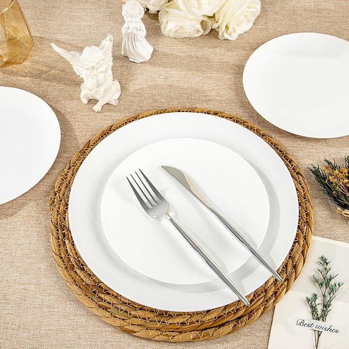 WONDERFUL 32pcs White Plastic Plates Reusable Unbreakable Dinnerware Set Dishes Set Dishwasher Safe Outdoor Wedding Plates Includes:16 Dinner 10" and 16 Dessert Plate 7.3" Ideal for BBQ Camping Picnic
