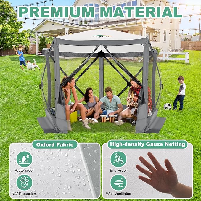 COBIZI 10x10 Pop up Gazebo Screen House Tent for Camping, Pop-up Camping Canopy with Mesh Windows,Portable Outdoor Quick-Set Hub Tent with Carrying Bag&Ground Stakes,Gray(Upgraded 2.0)