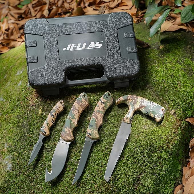 Jellas Hunting Knife Kit, 6 Pieces Stainless Steel Knife Set with Gut Hook, Skinning, Boning, Saw, Gloves & Case for Games, Camping, Fishing, Survival (HF01)