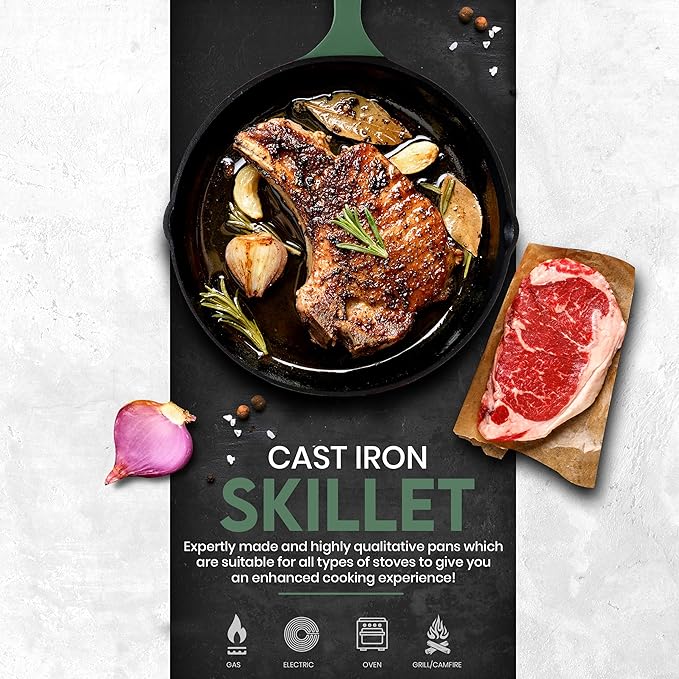 Utopia Kitchen Cast iron Skillets 3 Piece Set, Chefs Pan, Pre Seasoned Cast iron Skillets, 6, 8 & 10 Inches, Easy Use in the Oven, Stove, Grill, or Campfire, Green