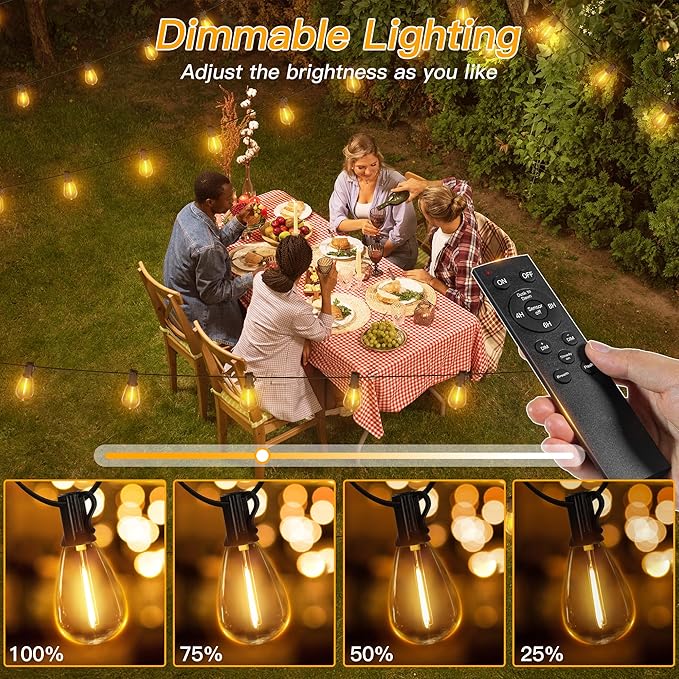 Ollny S11 100FT Outdoor String Lights with Remote, Plug in Waterproof Connectable 3 Modes Dimmable Timers Patio Lights with 48+2 LED Spare Bulbs, Dusk to Dawn Outdoor Light for Outside Bistro Yard