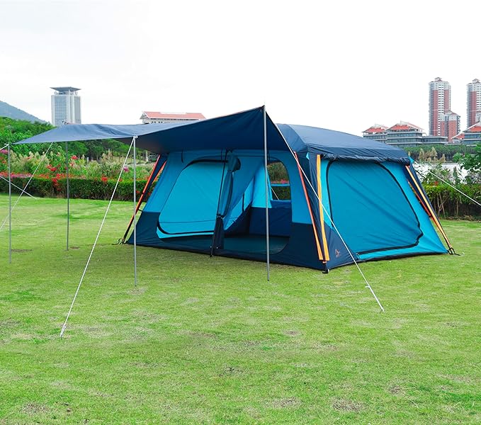 KTT Extra Large Tent 12 Person(A),Awning Family Cabin Tents,2 Rooms,3 Doors and 3 Windows with Mesh,Straight Wall,Waterproof,Double Layer,Big Tent for Outdoor,Picnic,Camping,Family Gathering。
