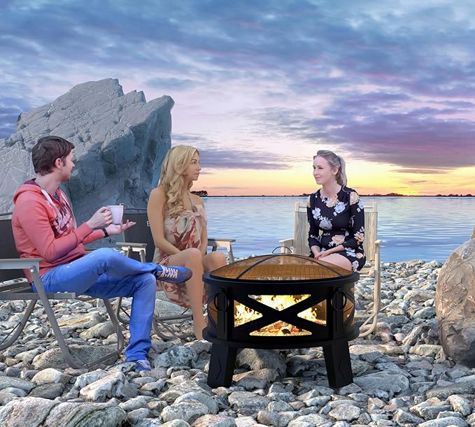 Fire Beauty 26"Steel Fire Pit with Grill Grate&Spark Screen,360° Airflow Boost Technology,Less Smoke,Larger Flames,Heavy-Duty Portable Camping Fire Pit for Backyard,Beach,RV (22lbs,4 Handles,Dual-Use)