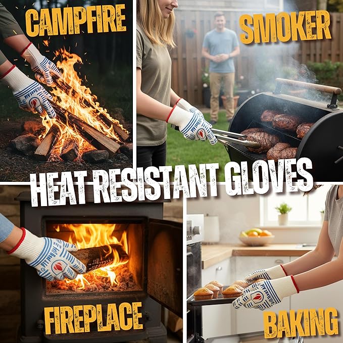 GRILL HEAT AID BBQ Grill Gloves Heat Proof for Grilling โ Fireproof 1472ยฐF Heat-Resistant Grill Mitts for Outdoor Barbecue and Smoker, Campfire, Fire Pit, Oven Glove with Fingers for Baking Pizza
