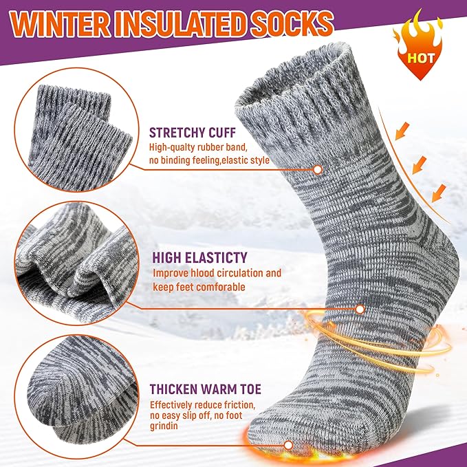 Women Heated Socks Ski Winter Thermal Hiking Snowboarding Thick Boot Insulated Socks 3 Pairs