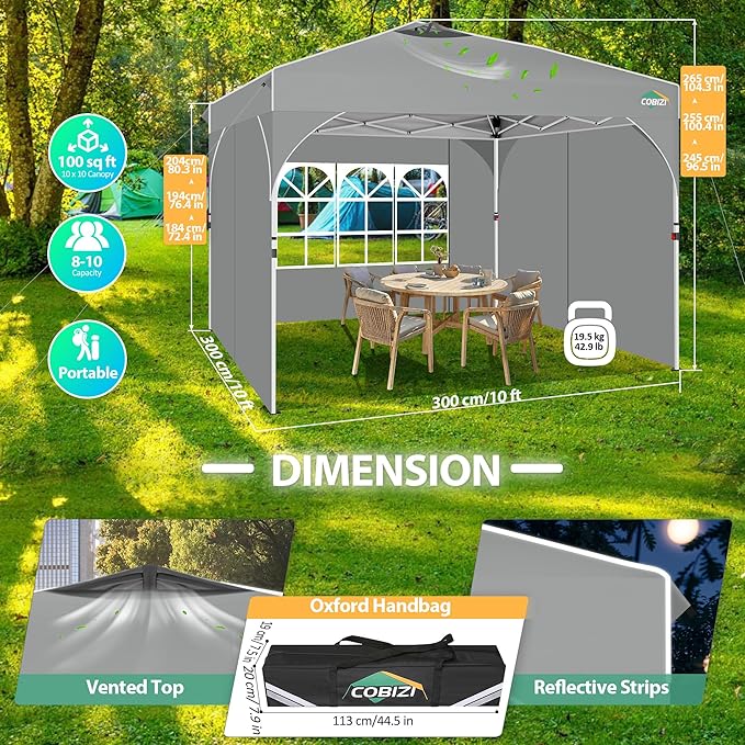 COBIZI Canopy Tent 10x10, Easy Up 10x10 Pop Up Canopy for Party Camping, Party Tents with One Push Central Button Air Vent, Outdoor Gazebo Tent with Sidewalls and Reflective Strip(Grey)