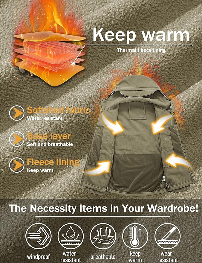 MAGCOMSEN Men's Tactical Jacket 7 Pockets Performance Fleece Lined Water Resistant Ski Snow Soft Shell Winter Coats