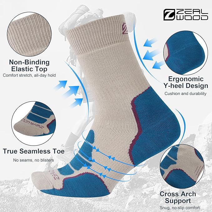 ZEAL WOOD Merino Wool Crew Hiking Socks for Women And Men with Full Cushion Moisture Wicking Walking Work Boot Socks